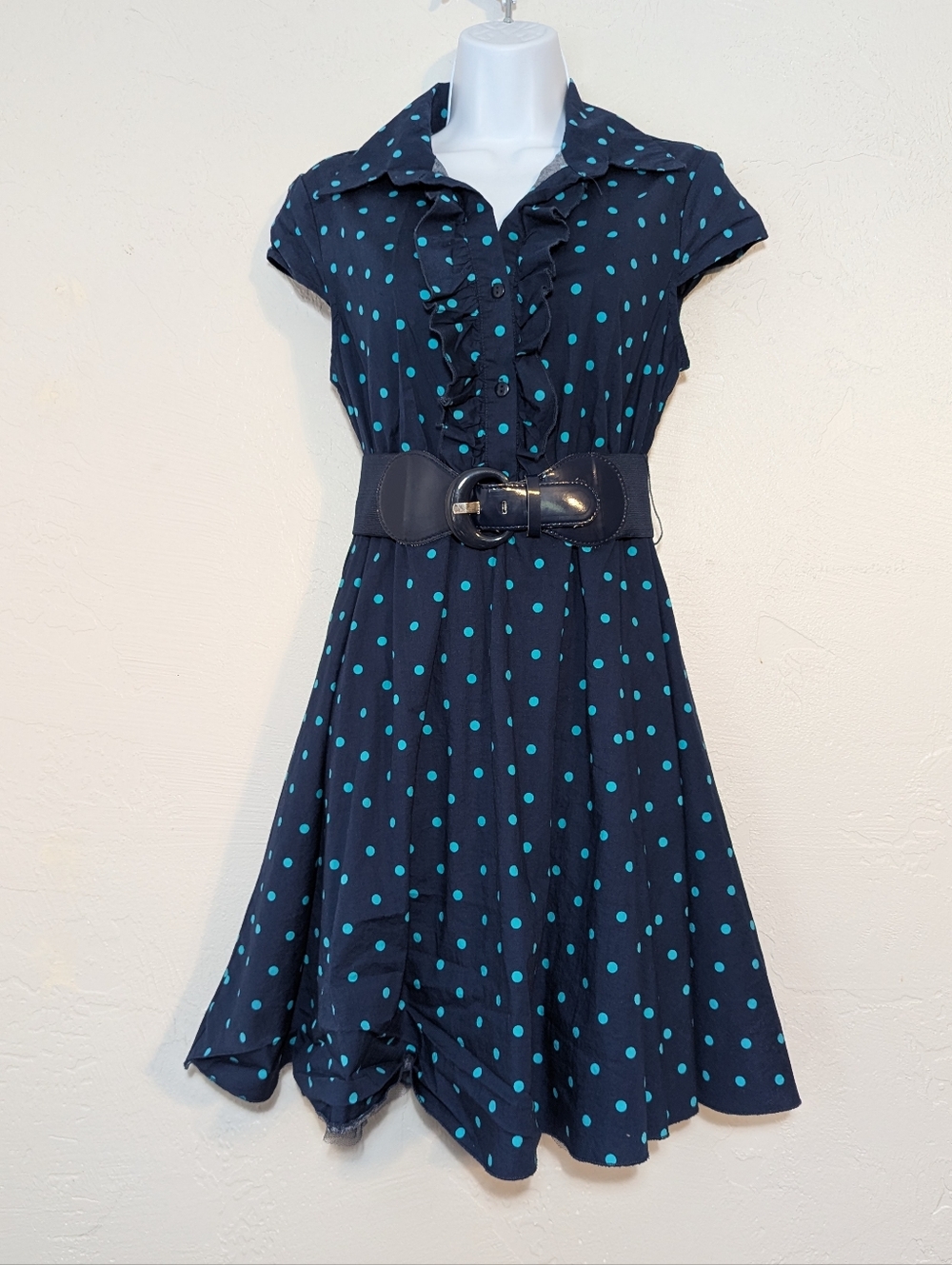 Blue Polka Dot Pinup Rockabilly Retro Chic Belted Flattering Fit-and-Flare Dress